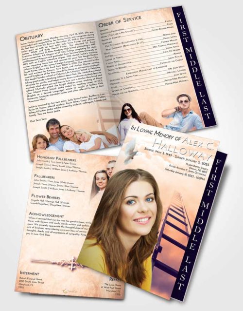 2 Page Graduated Step Fold Funeral Program Template Brochure Lavender Sunset Stairway to Forever