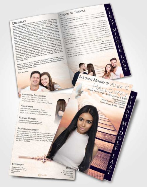 2 Page Graduated Step Fold Funeral Program Template Brochure Lavender Sunset Stairway to Life