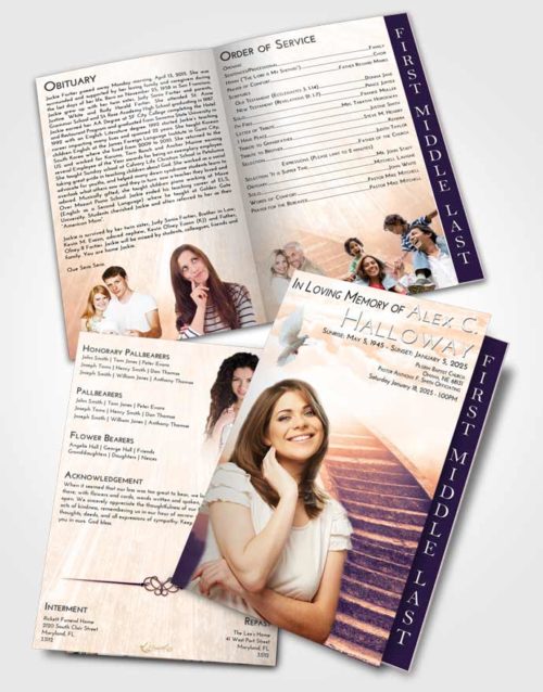 2 Page Graduated Step Fold Funeral Program Template Brochure Lavender Sunset Stairway to Magnificence