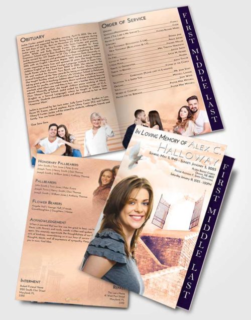 2 Page Graduated Step Fold Funeral Program Template Brochure Lavender Sunset Stairway to the Gates of Heaven