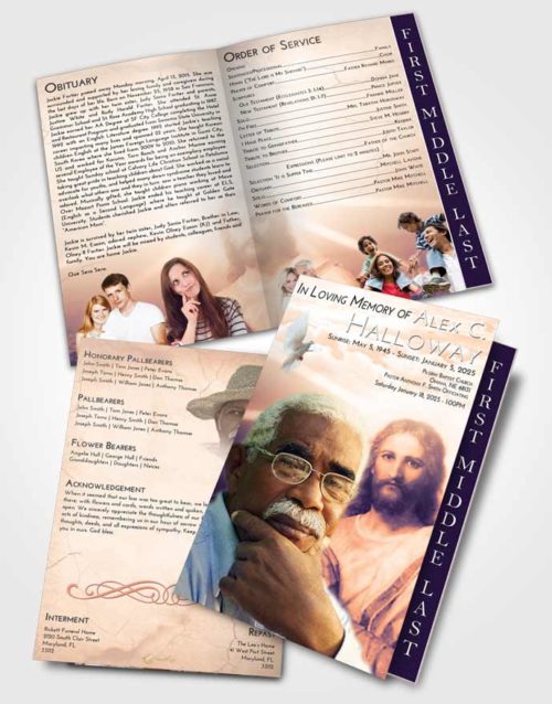 2 Page Graduated Step Fold Funeral Program Template Brochure Lavender Sunset Star of Jesus