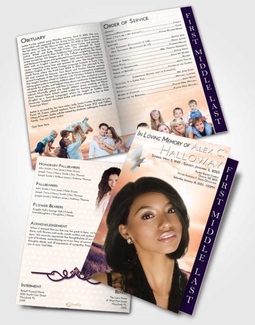 2 Page Graduated Step Fold Funeral Program Template Brochure Lavender Sunset Summer Fields