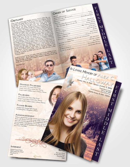 2 Page Graduated Step Fold Funeral Program Template Brochure Lavender Sunset Summer Forest