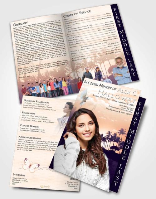 2 Page Graduated Step Fold Funeral Program Template Brochure Lavender Sunset Summer Palms