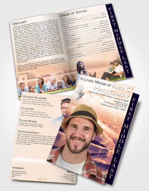 2 Page Graduated Step Fold Funeral Program Template Brochure Lavender Sunset Summer Waves