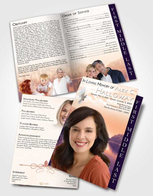 2 Page Graduated Step Fold Funeral Program Template Brochure Lavender Sunset Sun Blaze