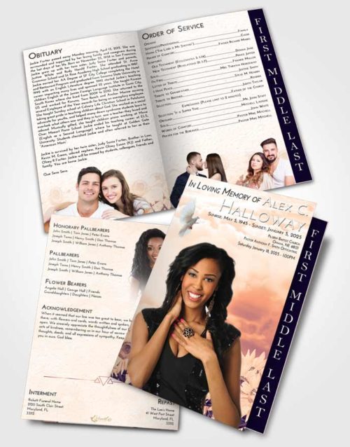 2 Page Graduated Step Fold Funeral Program Template Brochure Lavender Sunset Sunflower Bliss