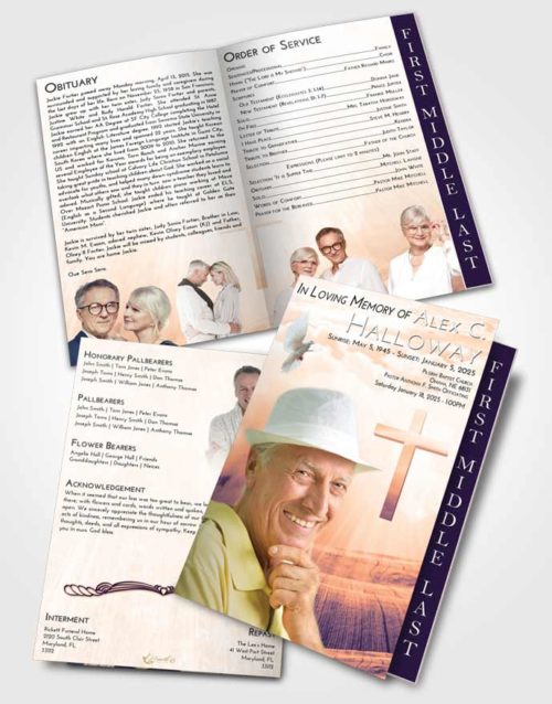 2 Page Graduated Step Fold Funeral Program Template Brochure Lavender Sunset The Cross of Life