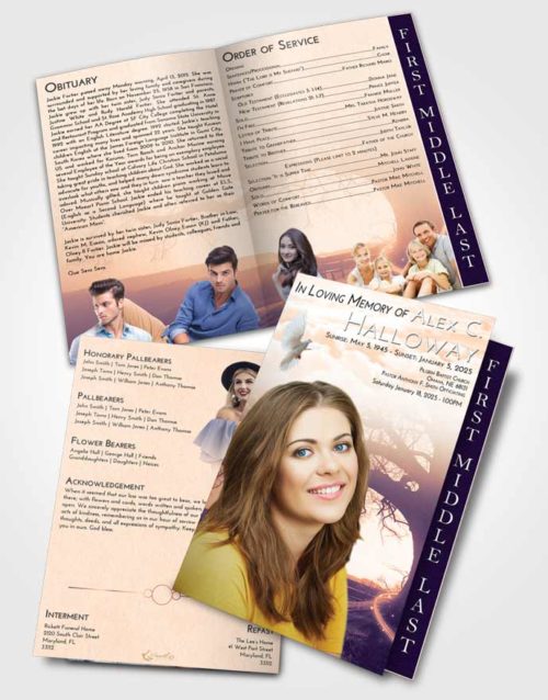 2 Page Graduated Step Fold Funeral Program Template Brochure Lavender Sunset Tree Serenity