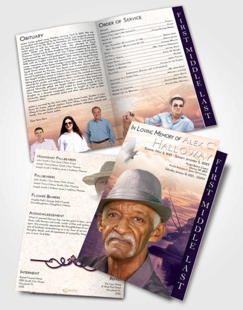 2 Page Graduated Step Fold Funeral Program Template Brochure Lavender Sunset Tropical Beach