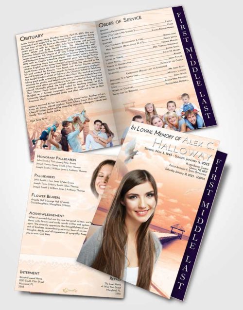 2 Page Graduated Step Fold Funeral Program Template Brochure Lavender Sunset Tropical Ocean Walk