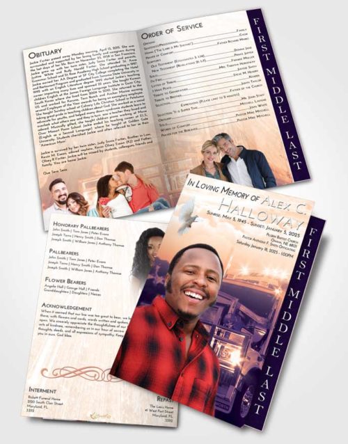 2 Page Graduated Step Fold Funeral Program Template Brochure Lavender Sunset Trucker Dreams