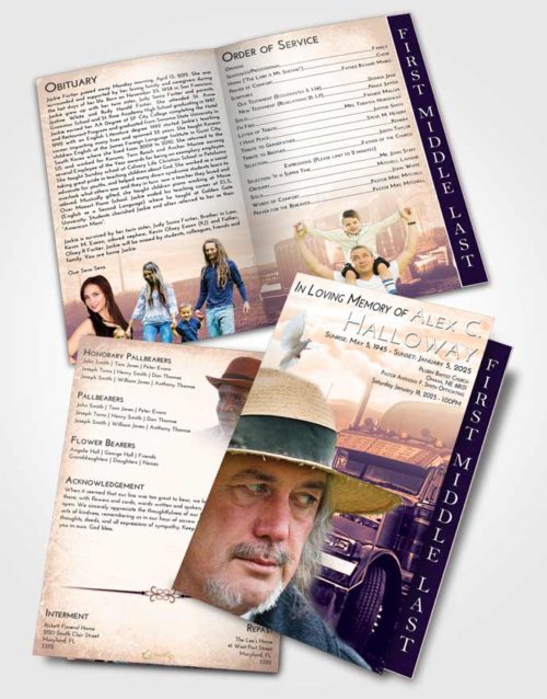 2 Page Graduated Step Fold Funeral Program Template Brochure Lavender Sunset Trucker Drive
