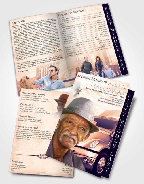 2 Page Graduated Step Fold Funeral Program Template Brochure Lavender Sunset Trucker Hours