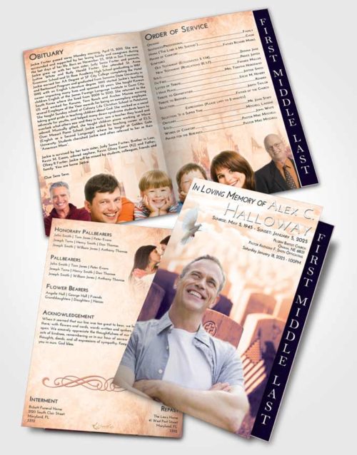 2 Page Graduated Step Fold Funeral Program Template Brochure Lavender Sunset Veteran Service
