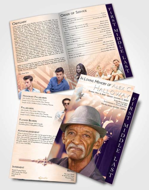 2 Page Graduated Step Fold Funeral Program Template Brochure Lavender Sunset Veterans Goodbye