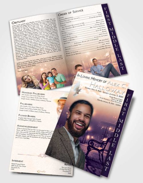 2 Page Graduated Step Fold Funeral Program Template Brochure Lavender Sunset Vintage Walk