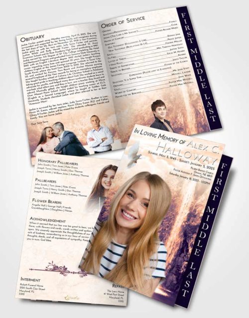 2 Page Graduated Step Fold Funeral Program Template Brochure Lavender Sunset Waterfall Happiness