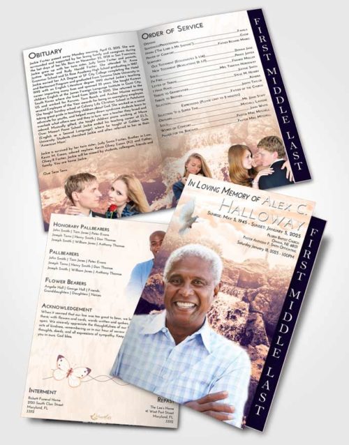 2 Page Graduated Step Fold Funeral Program Template Brochure Lavender Sunset Waterfall Masterpiece