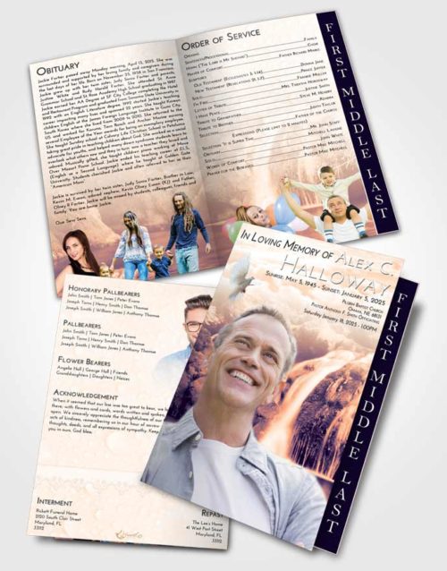 2 Page Graduated Step Fold Funeral Program Template Brochure Lavender Sunset Waterfall Paradise