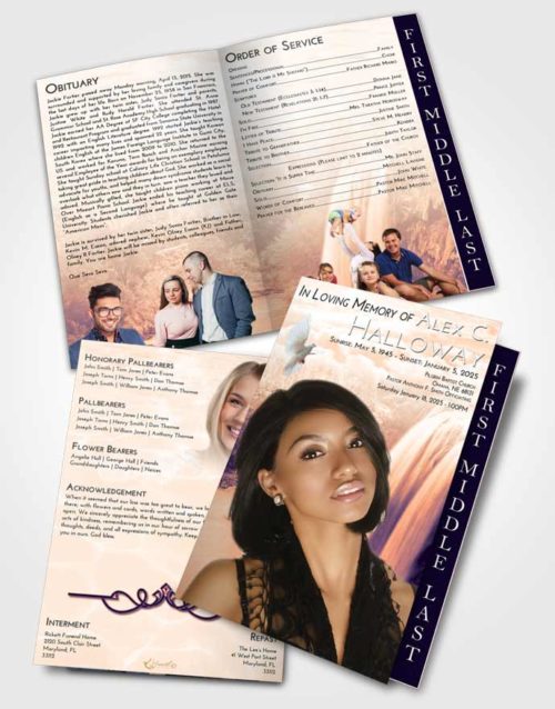 2 Page Graduated Step Fold Funeral Program Template Brochure Lavender Sunset Waterfall Serenity