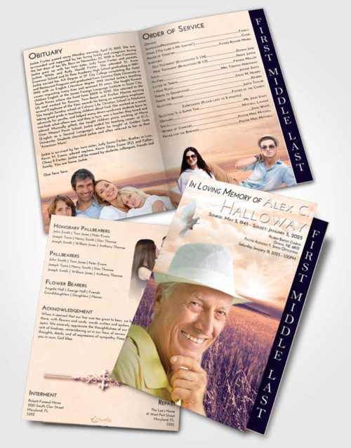 2 Page Graduated Step Fold Funeral Program Template Brochure Lavender Sunset Wheat Fields