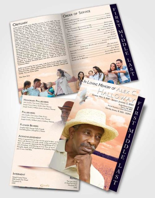 2 Page Graduated Step Fold Funeral Program Template Brochure Lavender Sunset Wheat Serenity