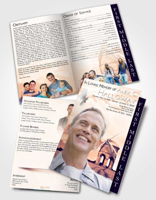 2 Page Graduated Step Fold Funeral Program Template Brochure Lavender Sunset Windmill of Honor