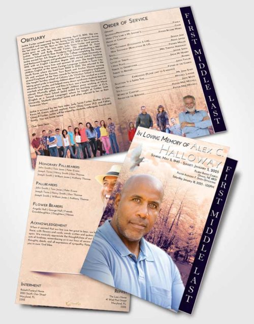 2 Page Graduated Step Fold Funeral Program Template Brochure Lavender Sunset Winter Pond