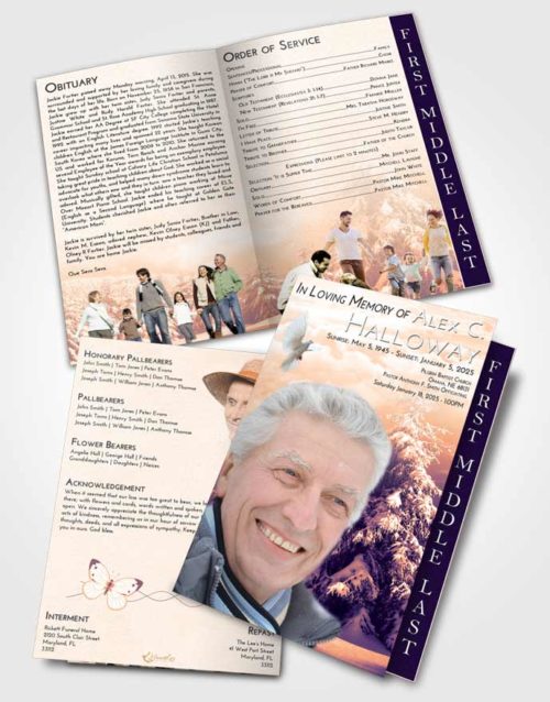 2 Page Graduated Step Fold Funeral Program Template Brochure Lavender Sunset Winter Wonderland
