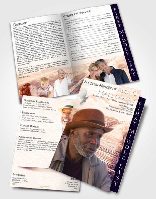 2 Page Graduated Step Fold Funeral Program Template Brochure Lavender Sunset Wooden Walk