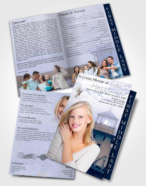 2 Page Graduated Step Fold Funeral Program Template Brochure Light Blue Ocean Lighthouse Surprise
