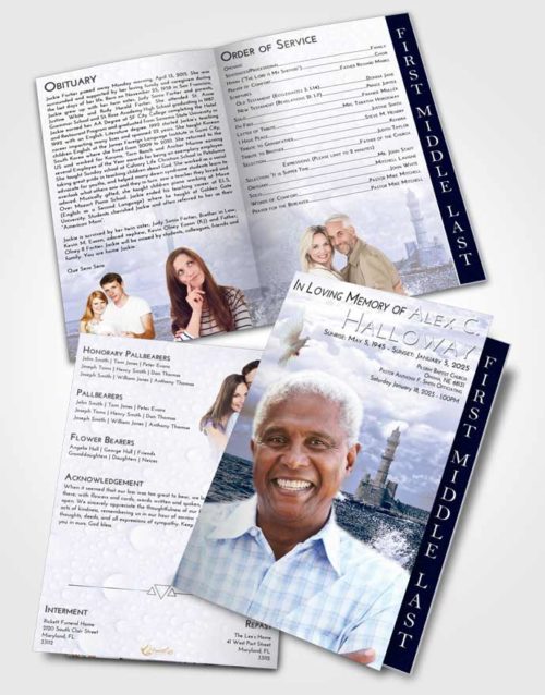 2 Page Graduated Step Fold Funeral Program Template Brochure Light Blue Ocean Lighthouse in the Tides