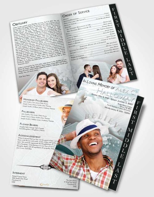 2 Page Graduated Step Fold Funeral Program Template Brochure Loving Embrace Bible Belief
