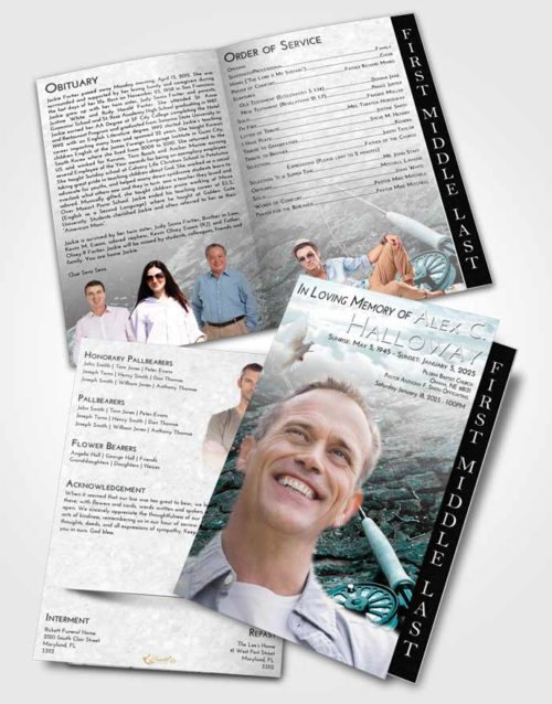2 Page Graduated Step Fold Funeral Program Template Brochure Loving Embrace Fishing on the Rocks