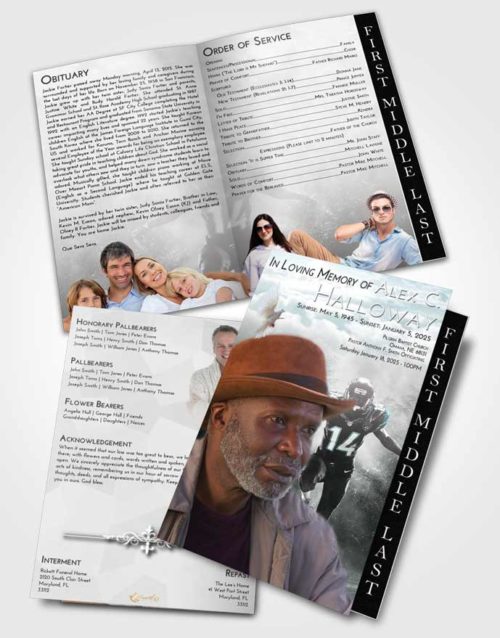 2 Page Graduated Step Fold Funeral Program Template Brochure Loving Embrace Football Serenity