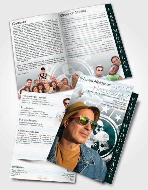 2 Page Graduated Step Fold Funeral Program Template Brochure Loving Embrace Football Surprise