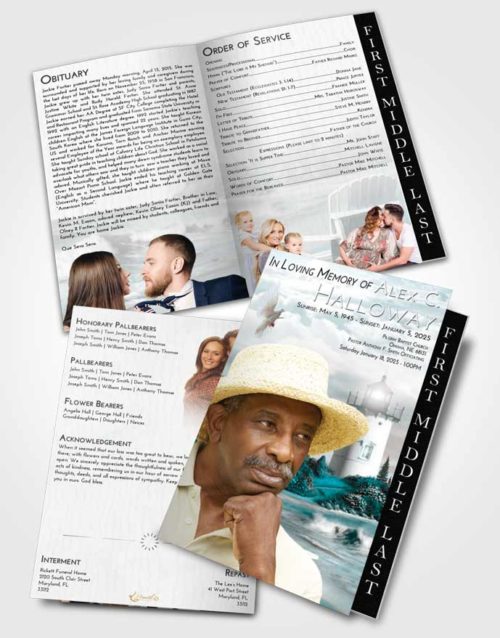 2 Page Graduated Step Fold Funeral Program Template Brochure Loving Embrace Lighthouse Laughter