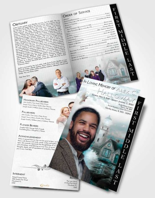 2 Page Graduated Step Fold Funeral Program Template Brochure Loving Embrace Lighthouse Lookout