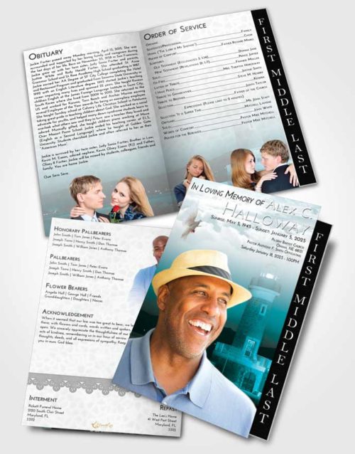 2 Page Graduated Step Fold Funeral Program Template Brochure Loving Embrace Lighthouse Majesty