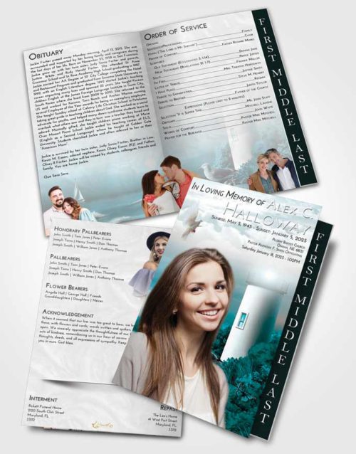2 Page Graduated Step Fold Funeral Program Template Brochure Loving Embrace Lighthouse Mystery