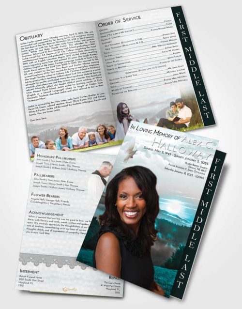 2 Page Graduated Step Fold Funeral Program Template Brochure Loving Embrace Misty Forest
