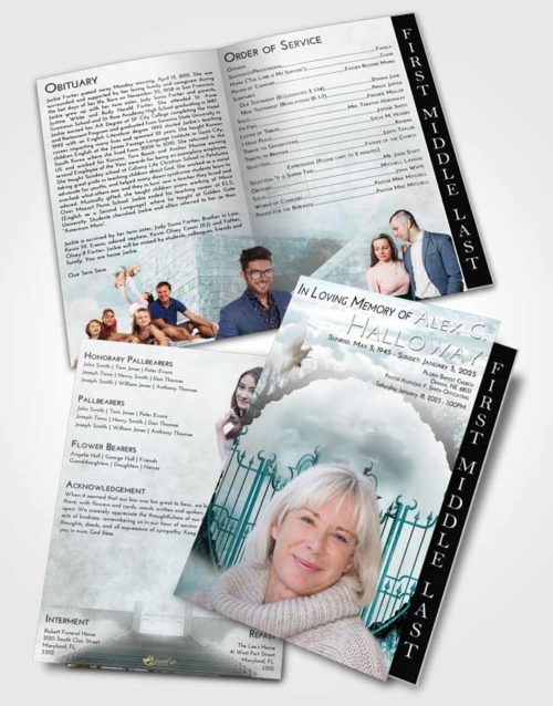 2 Page Graduated Step Fold Funeral Program Template Brochure Loving Embrace Mystical Gates of Heaven