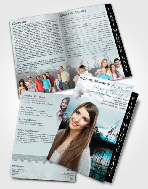 2 Page Graduated Step Fold Funeral Program Template Brochure Loving Embrace Serenity Lake