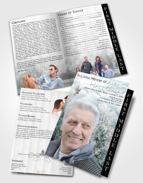 2 Page Graduated Step Fold Funeral Program Template Brochure Loving Embrace Snowy Love