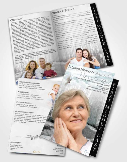 2 Page Graduated Step Fold Funeral Program Template Brochure Loving Embrace Snowy Stream