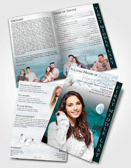 2 Page Graduated Step Fold Funeral Program Template Brochure Loving Embrace Soft Moonlight