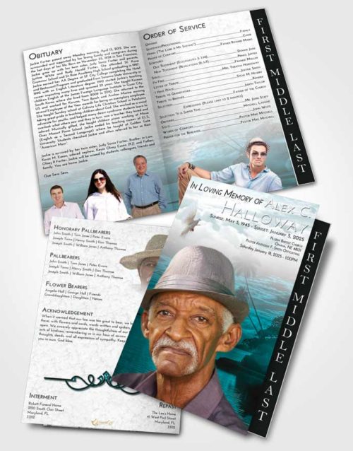 2 Page Graduated Step Fold Funeral Program Template Brochure Loving Embrace Tropical Beach
