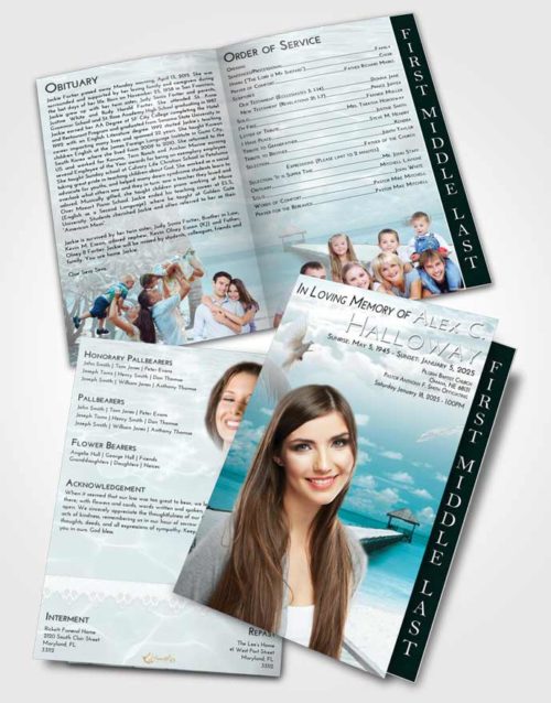 2 Page Graduated Step Fold Funeral Program Template Brochure Loving Embrace Tropical Ocean Walk