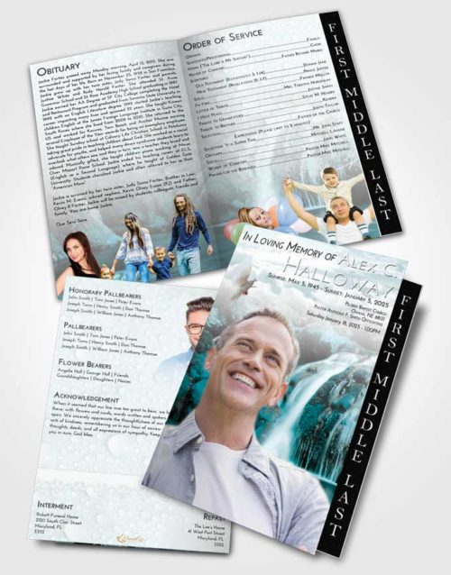 2 Page Graduated Step Fold Funeral Program Template Brochure Loving Embrace Waterfall Paradise